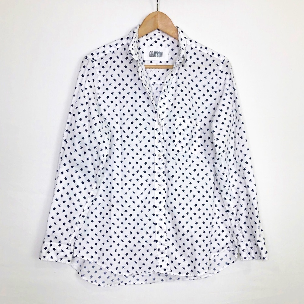 Anthropologie. Grayson, the hero with navy blue stars, button down shirt.